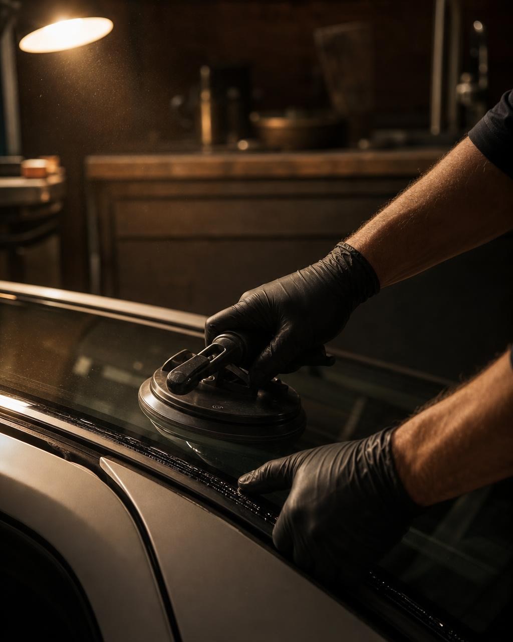 Technicien posant un pare-brise en atelier, mains gantées sur une ventouse